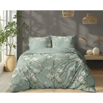 Miętowa Pościel 220x200 cm Kwiaty Magnolii 100% Bawełna 5497A