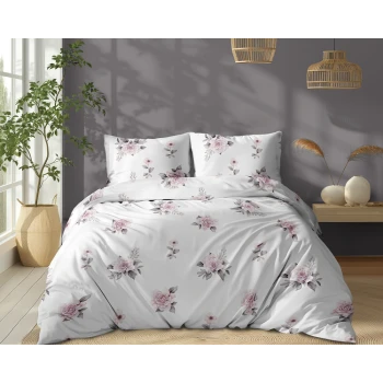 Pościel 100% Bawełna 160x200 cm Biała w Kwiaty 5342B 