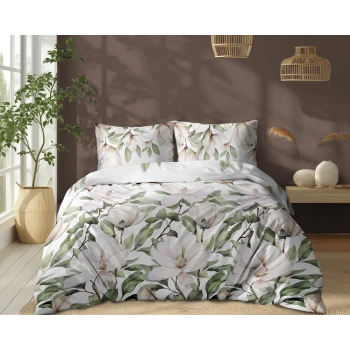 Pościel Biała 100% Bawełna 160x200 cm Kwiaty Magnolii 5505B