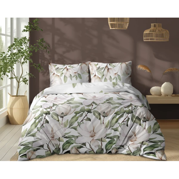 Pościel Biała 100% Bawełna 160x200 cm Kwiaty Magnolii 5505B