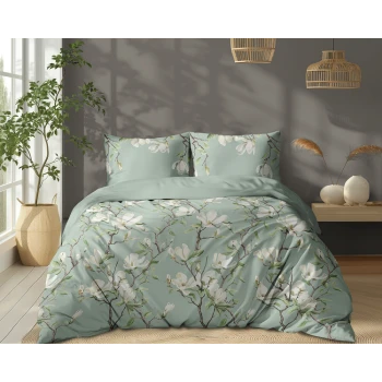 Miętowa Pościel 160x200 cm Kwiaty Magnolii 100% Bawełna 5497A