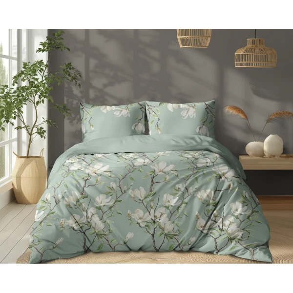 Miętowa Pościel 160x200 cm Kwiaty Magnolii 100% Bawełna 5497A