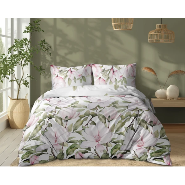 Biała Pościel 220x200 cm Kwiaty Magnolii 100% Bawełna 5505A