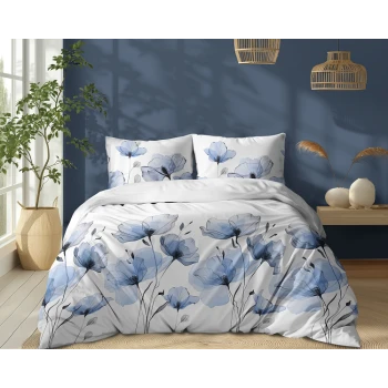 Pościel Biała w Niebieskie Kwiaty 220x200 cm 100% Bawełna 5496A