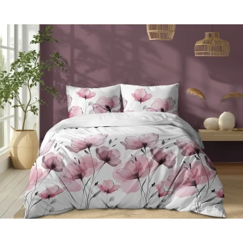 Pościel Biała w Różowe Kwiaty 220x200 cm 100% Bawełna 5496B