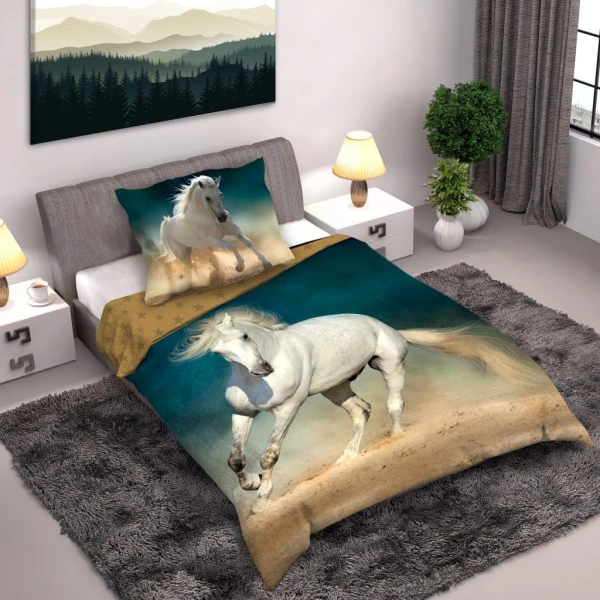 Pościel 3D Dwustronna 160x200 cm Horses 001 Biały Koń