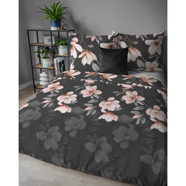 Grafitowa Pościel Flanelowa w Kwiaty 220x200 cm Flanela 5625B