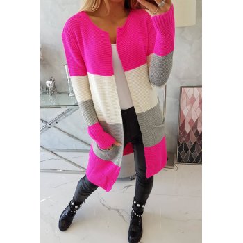 Sweter Kardigan w pasy różowy neon+ecru